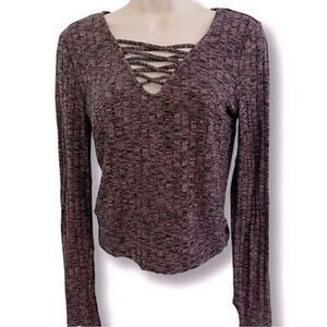 Heathered Lightweight Sweater purple black ribbed criss cross v-neck Juniors Siz